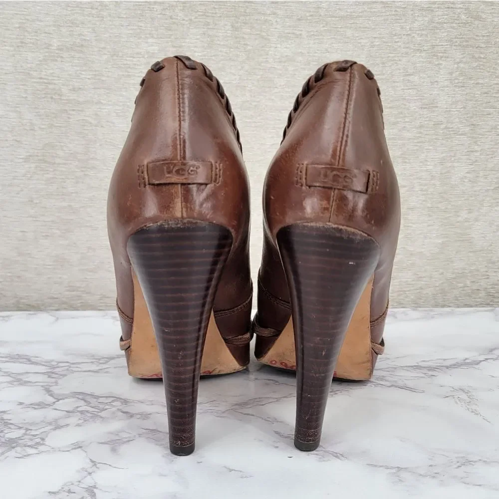 Ugg Jamison Whipstitch Ankle Boots Bootie Brown Leather Women's Heeled Platforms